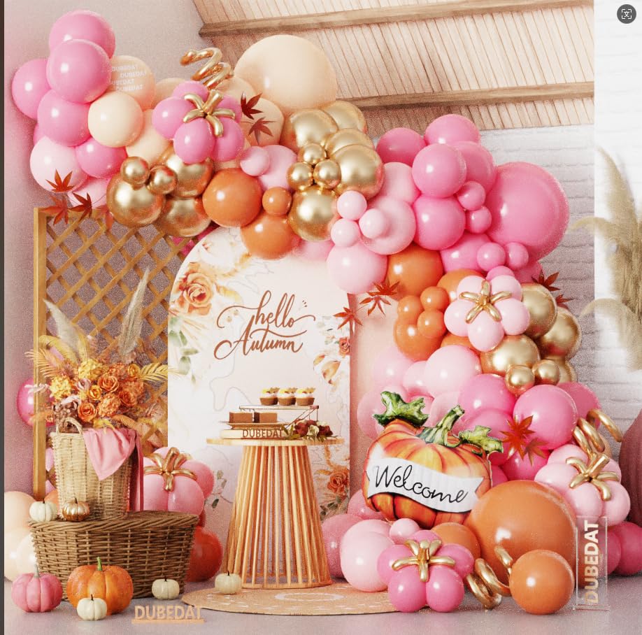 Fall Balloons Garland Arch Kit, 142Pcs Orange Pink Hotpink Nude Gold Balloons with Pumpkin Mylar Balloon for Hello A Little Pumpkin Baby Shower Autumn Birthday