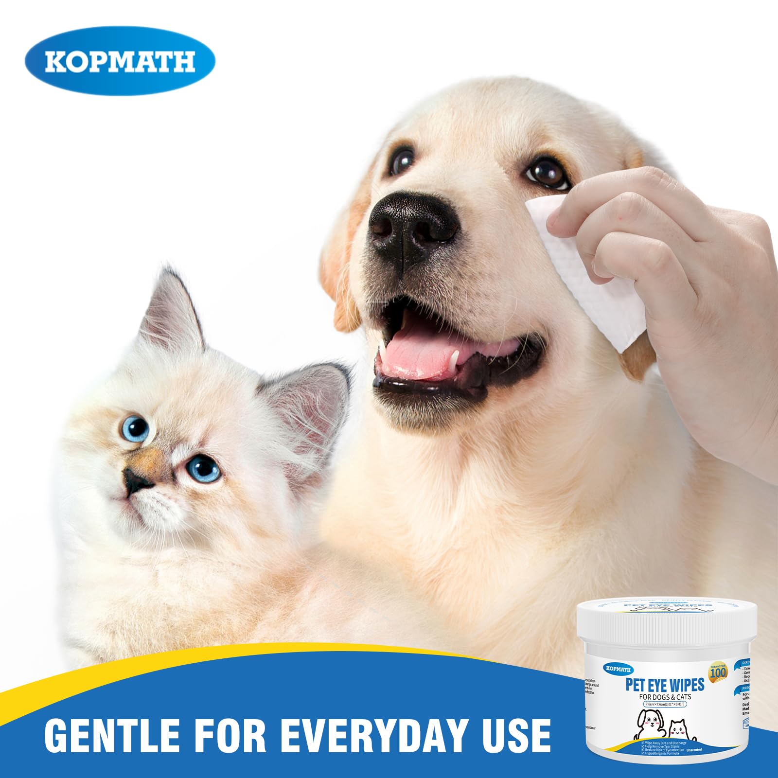 Kopmath Ear Care Finger Wipes and Dog Eye Wipes, Tear Stain Remover for Dogs, Big & Thick Cat Eye Wipes, Mild Ingredient, Texturized & Presoaked Pet Eye Cleaner Pad, Mint Flavor & Unscented，150Ct