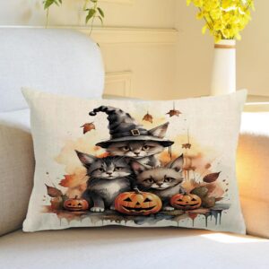 Halloween Theme Pillow Covers Double-sided Printed Halloween Cats With In Witches' Hats And Spooky Elements Rectangular/Waist Cushion Cover Farmhouse Autumn Decorative Pillowcases 12" x 20"