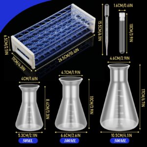 Baderke 40 Pcs Plastic Test Tubes with Rack 5 Pcs Graduated Cylinder 6 Pcs Plastic Beakers 3 Pcs Plastic Erlenmeyer Flask 10 Pcs Plastic Transfer Pipette for School Lab Party DIY