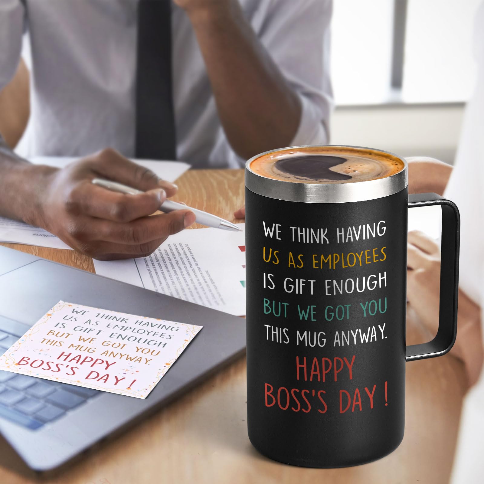 Lifecapido Boss Day Gifts, Boss Gifts, Having Us As Employees Is Gift Enough 20oz Insulated Coffee Mug with Boss Day Card, Birthday Retirement Christmas Gifts for Boss Employer from Employees, Black