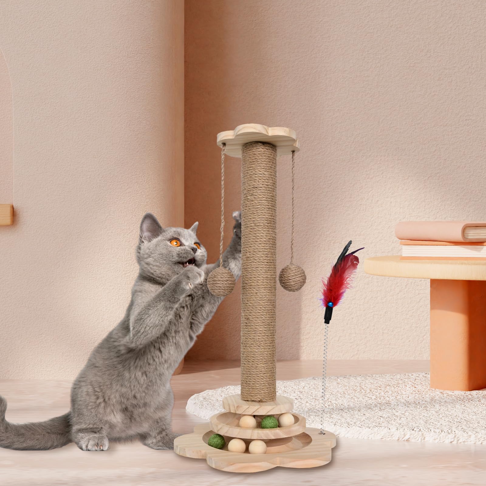 HivaolJoy Kitten Scratching Post - 4 in 1 Cat Scratching Post,19.69" Wooden Cat Scratch Post with 2 Level Cat Sisal Balls Interactive Cat Toy and 2 Sisal Hanging Balls for Indoor Kittens, Adult Cats