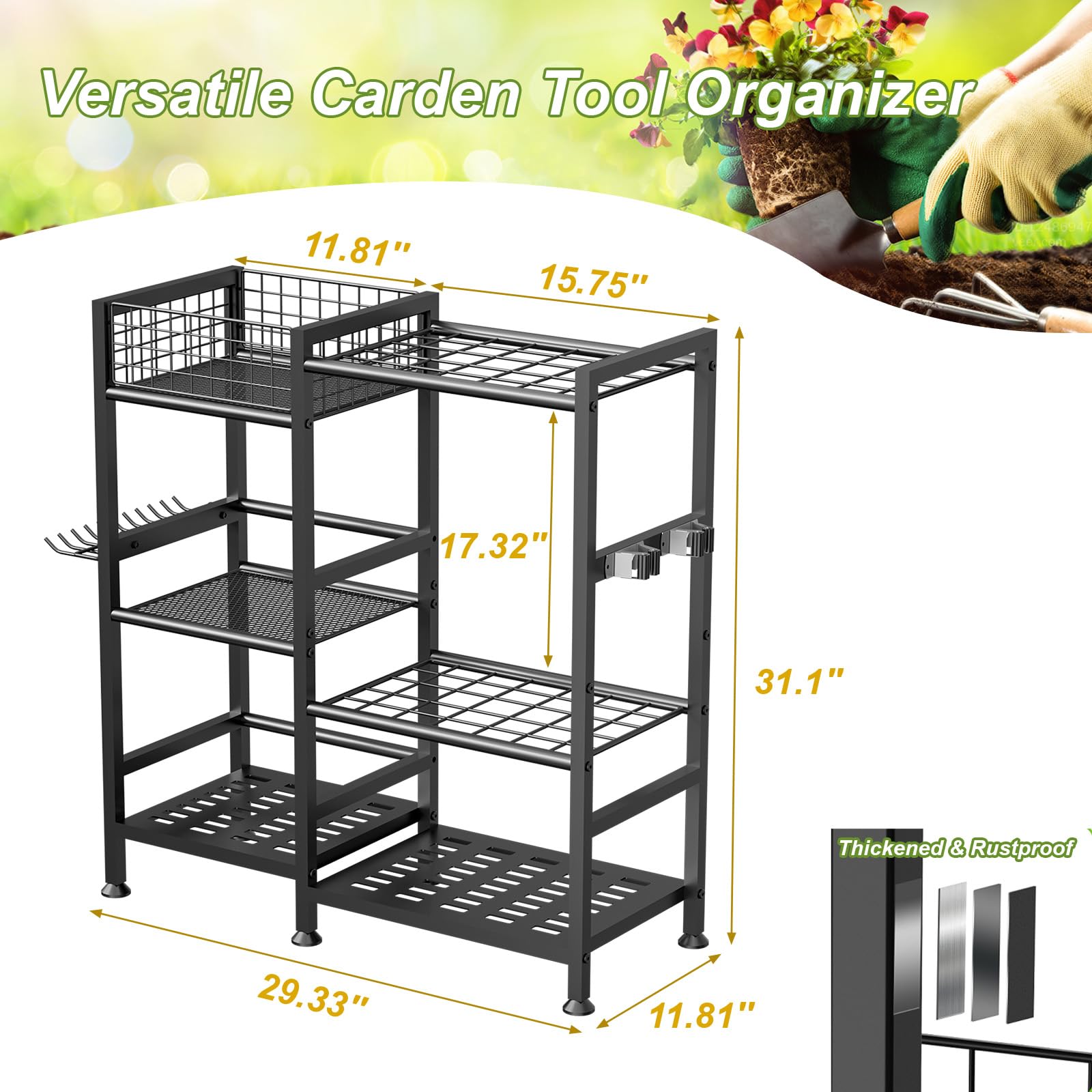 keomaisyto Garden Tool Organizer with Basket, 3 Tier Yard Tool Storage Rack for Garage Organization, Heavy Duty Garden Tool Holder with 35 Long-Handled Tool Slots for Shed, Yard, Garage