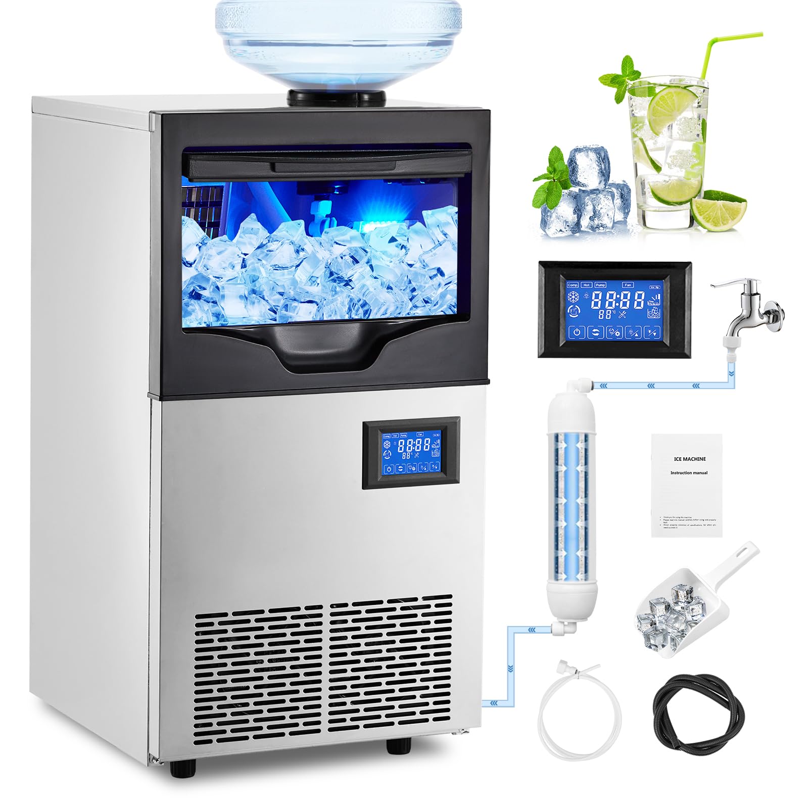 GarveeTech 140LBS/24H Commercial Ice Maker Machine, with 2 Water Inlets, Freestanding Ice Machine with 22 lbs Storage Bin, Ice Scoop & Water Filter for Home Office Restaurant Bar Cafe