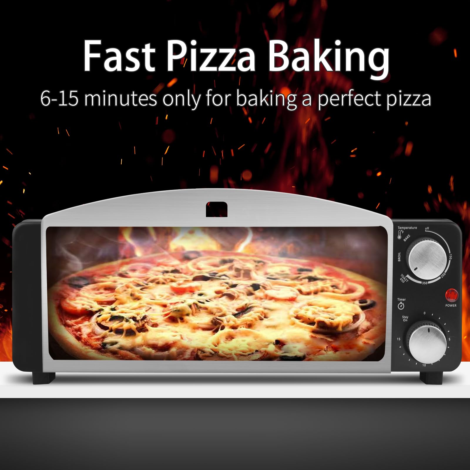 Electric Pizza Oven Indoor Countertop Pizza Oven Commercial Pizza Maker Machine Bake 12” Pizzas in Minutes, 1200W Toaster Oven for Home with Timer, Removable Door