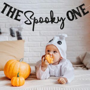 The Spooky One Banner - Halloween First Birthday Sign, Cute Ghost Spooky Baby Shower/Gender Reveal/1st Birthday Party Decorations Black Glitter