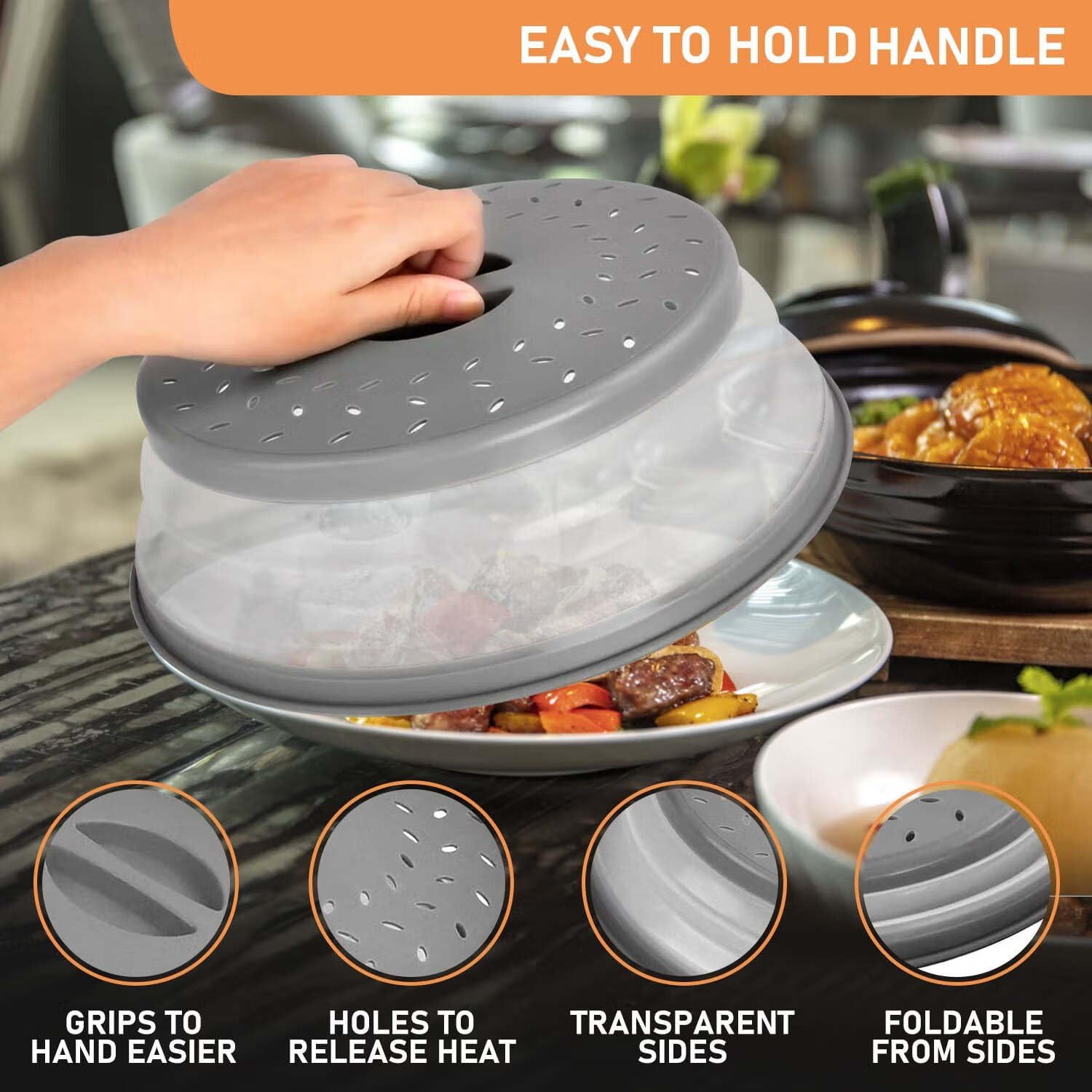 Microwave Splatter Cover Collapsible Microwave Cover for Food, Colander Basket for Fruit and Vegetable, 10.5inch Grey