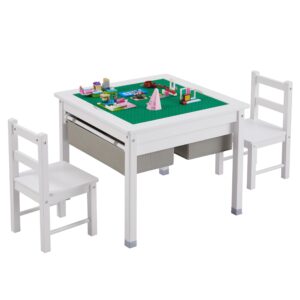 onirw 3 in 1 kids table and 2 chairs set with storage drawers, toddler construction play table with detachable blocks and blackboard tabletop, compatible with lego and duplo bricks (white)