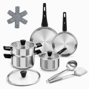 stainless steel cookware set, 14-piece pots and pans set, kitchen cooking pan set with stay-cool handle, non toxic, dishwasher safe, compatible with all stovetops - gas, electric, induction