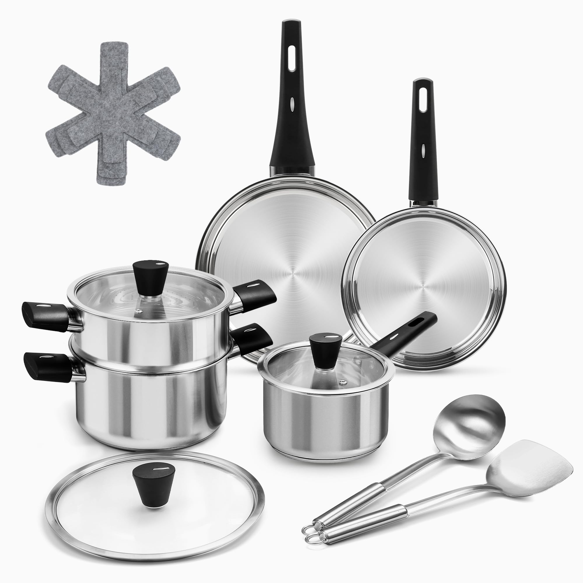 Stainless Steel Cookware Set, 14-Piece Pots and Pans Set, Kitchen Cooking Pan Set with Stay-Cool Handle, Non Toxic, Dishwasher Safe, Compatible with All Stovetops - Gas, Electric, Induction