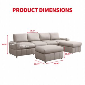 MUZZ Sectional Sofa with 2 Movable Ottomans, Leathaire U Shaped Couches with Cup Holder, 6 Seater Convertible Sectional Couch for Living Room (Beige)