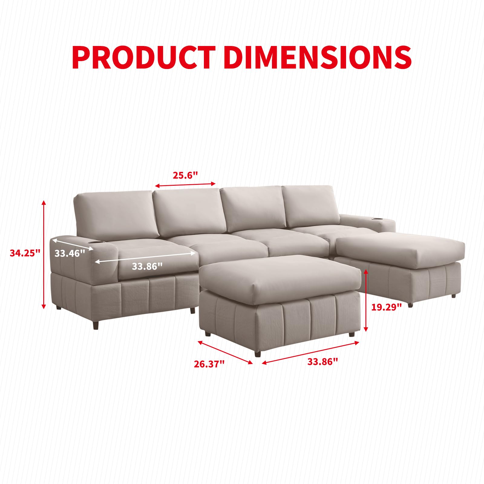 MUZZ Sectional Sofa with 2 Movable Ottomans, Leathaire U Shaped Couches with Cup Holder, 6 Seater Convertible Sectional Couch for Living Room (Beige)