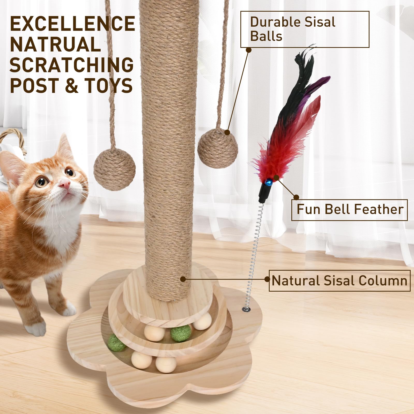 HivaolJoy Kitten Scratching Post - 4 in 1 Cat Scratching Post,19.69" Wooden Cat Scratch Post with 2 Level Cat Sisal Balls Interactive Cat Toy and 2 Sisal Hanging Balls for Indoor Kittens, Adult Cats