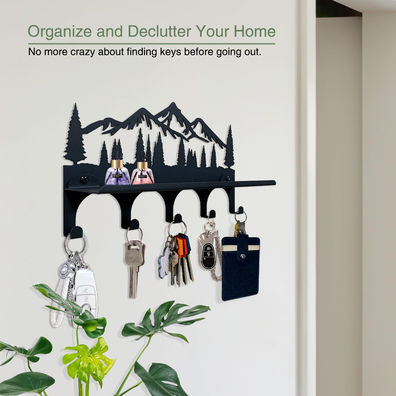 Key Holder for Wall | Metal Decorative Wall Mounted Mountain Key and Mail Holder with Shelf | 2 in 1 Key Hooks for Entryway, Front Door, Hallway, Kitchen, and Office | Key Organizer and Key Rack