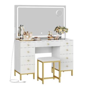 DWVO Vanity Desk Set with Large LED Lighted and Mirror & Power Outlet, Glass Top Vanity with Adjustable 3 Color Lighting Modes and 9 Drawer Magnifying Glass, 47" Makeup Vanity Desk with Bench, White