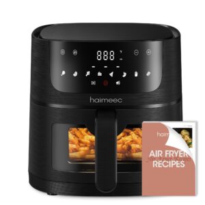 haimeec air fryer 8-in-1 with 6.3 qt capacity and easy view windows, max 400f, 95% less oil, 100+ recipes, shake reminder, nonstick basket for roast, bake, dehydrate, reheat, broil-ct03