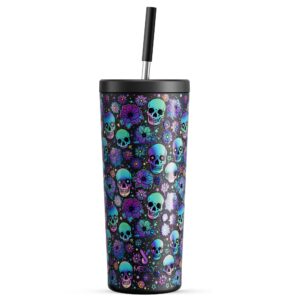 meoky 24 oz halloween tumbler with lid and straw, stainless steel vacuum insulated tumbler, keeps cold for 24 hours, 100% leak proof, fits in car cup holder (black skull)