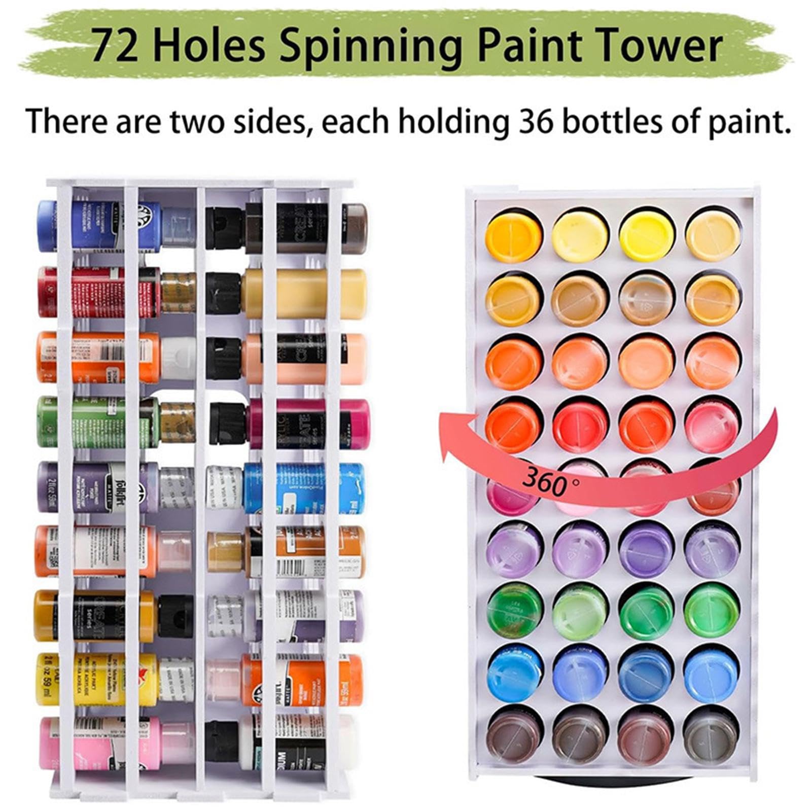 Paint Organizer - Paint Brush Holder | Paint Holder for Acrylic Painting | 72 Holes Paint Rack Stand | 360 Degree Rotating Vertical Paint Rack Stand Paint Holder Rack 2oz Paint Bottle Organizer