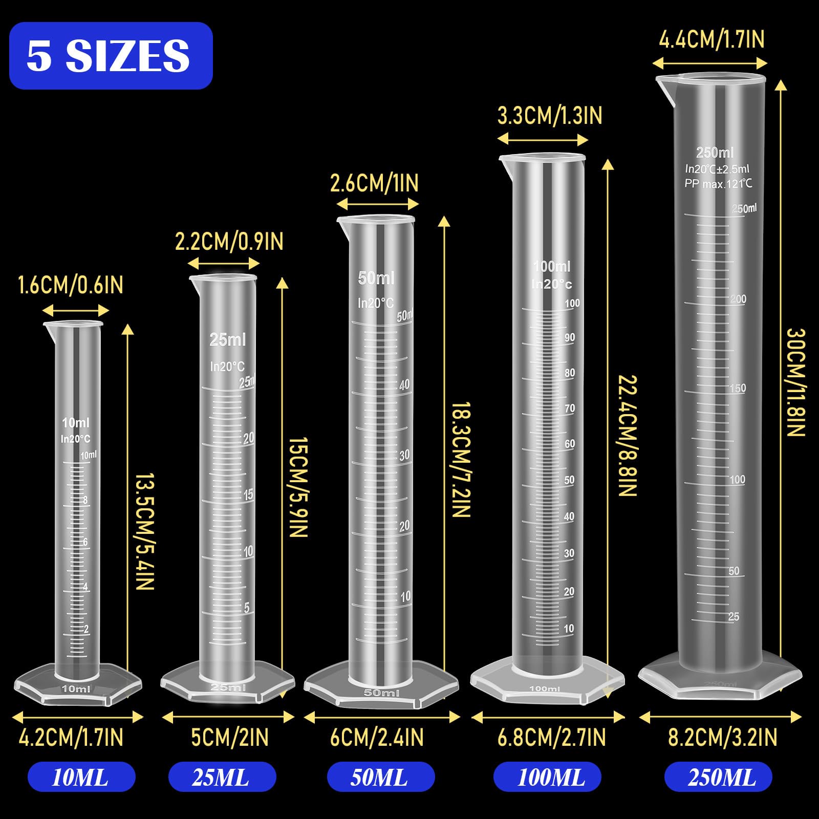 Baderke 40 Pcs Plastic Test Tubes with Rack 5 Pcs Graduated Cylinder 6 Pcs Plastic Beakers 3 Pcs Plastic Erlenmeyer Flask 10 Pcs Plastic Transfer Pipette for School Lab Party DIY