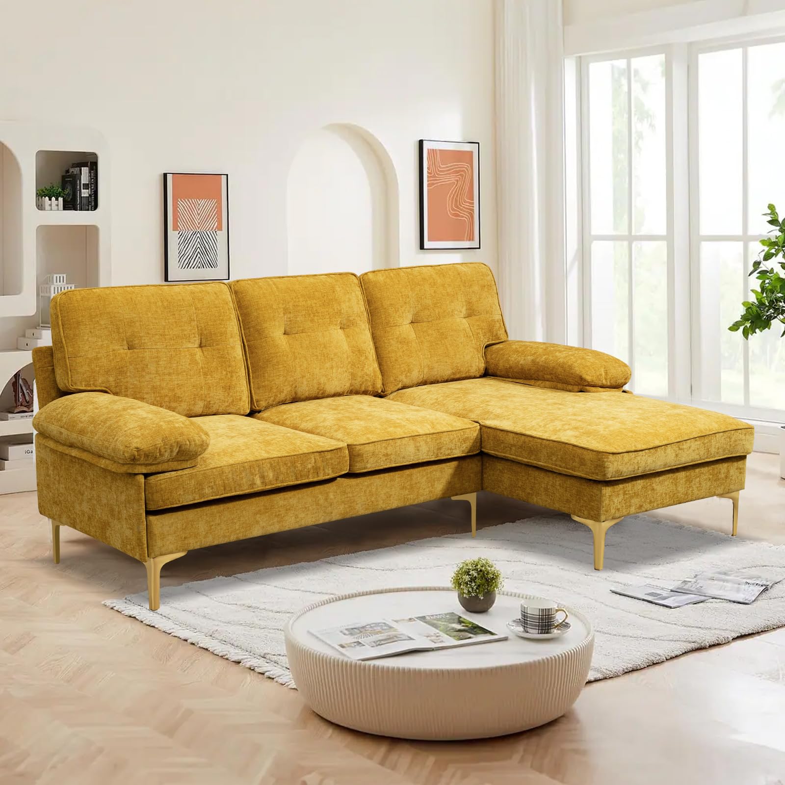 PALLOME 84" Convertible Sectional Sofa Couch, L Shaped Sofa Couch with Reversible Chaise, Chenille 3-Seat Lounge Couch, Sleeper Sofa Bed for Small Space, Living Room, Apartment (Yellow)