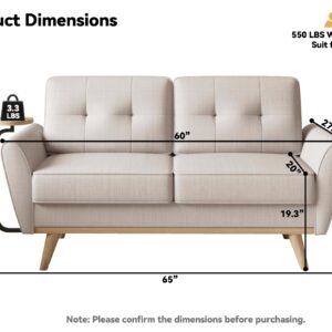 Brelice Loveseat Sofa, Mid Century Modern Decor Love Seat Couch with Solid Wood, Convertible Wooden Tray Living Room Furniture, Button Tufted Upholstered 2 Seat Couches for Bedroom, Apartment, Beige