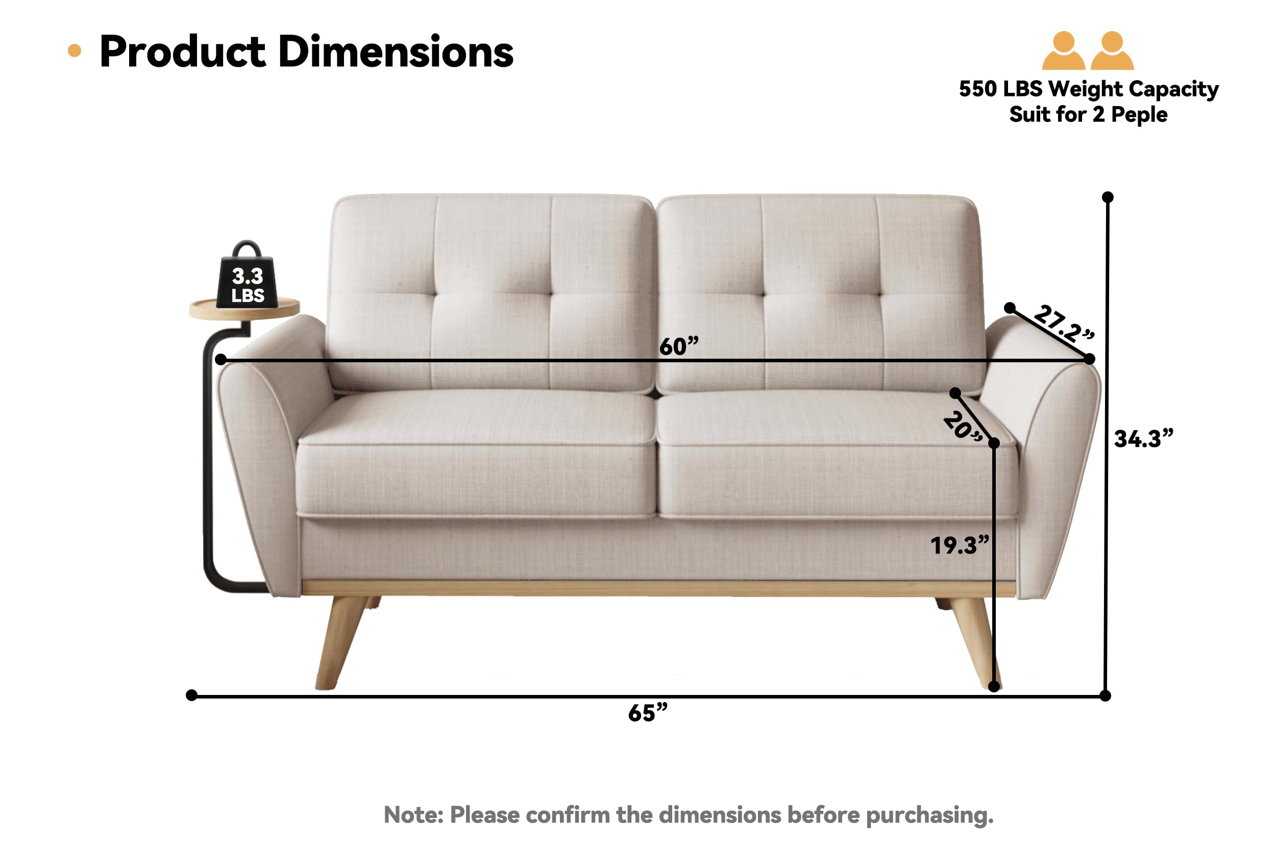 Brelice Loveseat Sofa, Mid Century Modern Decor Love Seat Couch with Solid Wood, Convertible Wooden Tray Living Room Furniture, Button Tufted Upholstered 2 Seat Couches for Bedroom, Apartment, Beige