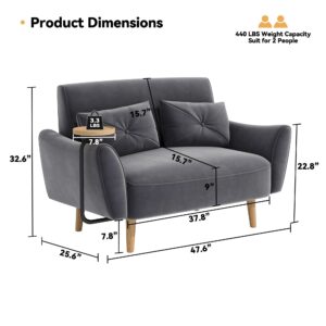 Brelice L Shape Loveseat Sofa, 47" Small Velvet Couch for Bedroom, 2-Seat Sofa with Ottoman, Convertible Wooden Tray and 2 Pillows, Small Couch for Small Space, Living Room, Easy Assembly, Grey