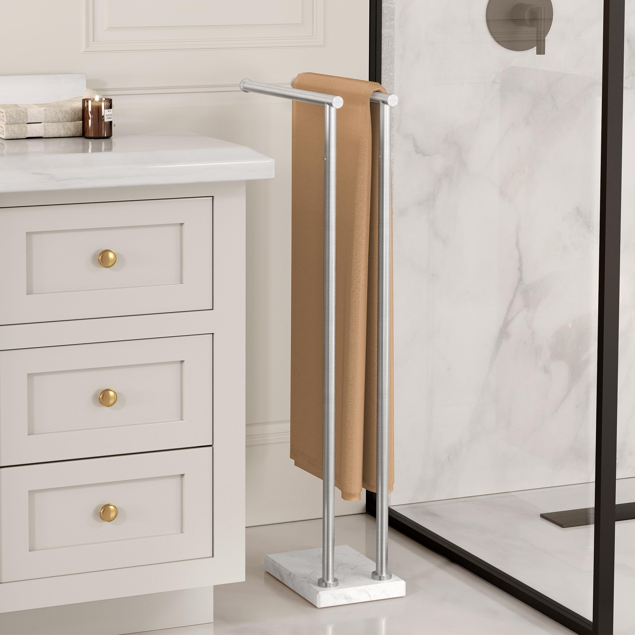 KES Free Standing Towel Racks for Bathroom, 2-Tier Towel Stand for Bathroom Floor with Weighted Natural Marble Base 3X Thicker, 18/8 Stainless Steel, Brushed Finish, BTH235-2