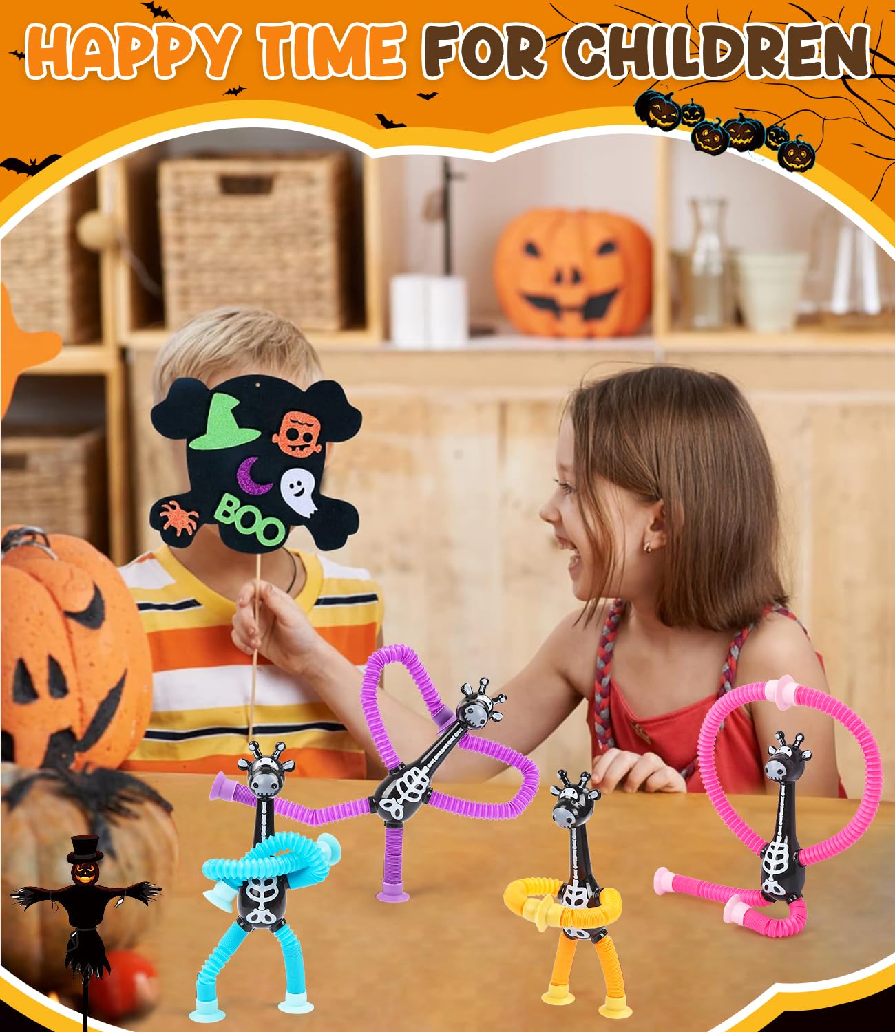 Halloween Party Favors for Kids 4 Pack Telescopic Suction Cup Giraffe Toy Sensory Tubes Classroom Prizes/Non Candy Halloween Treats Goodie Bag Fillers Gifts