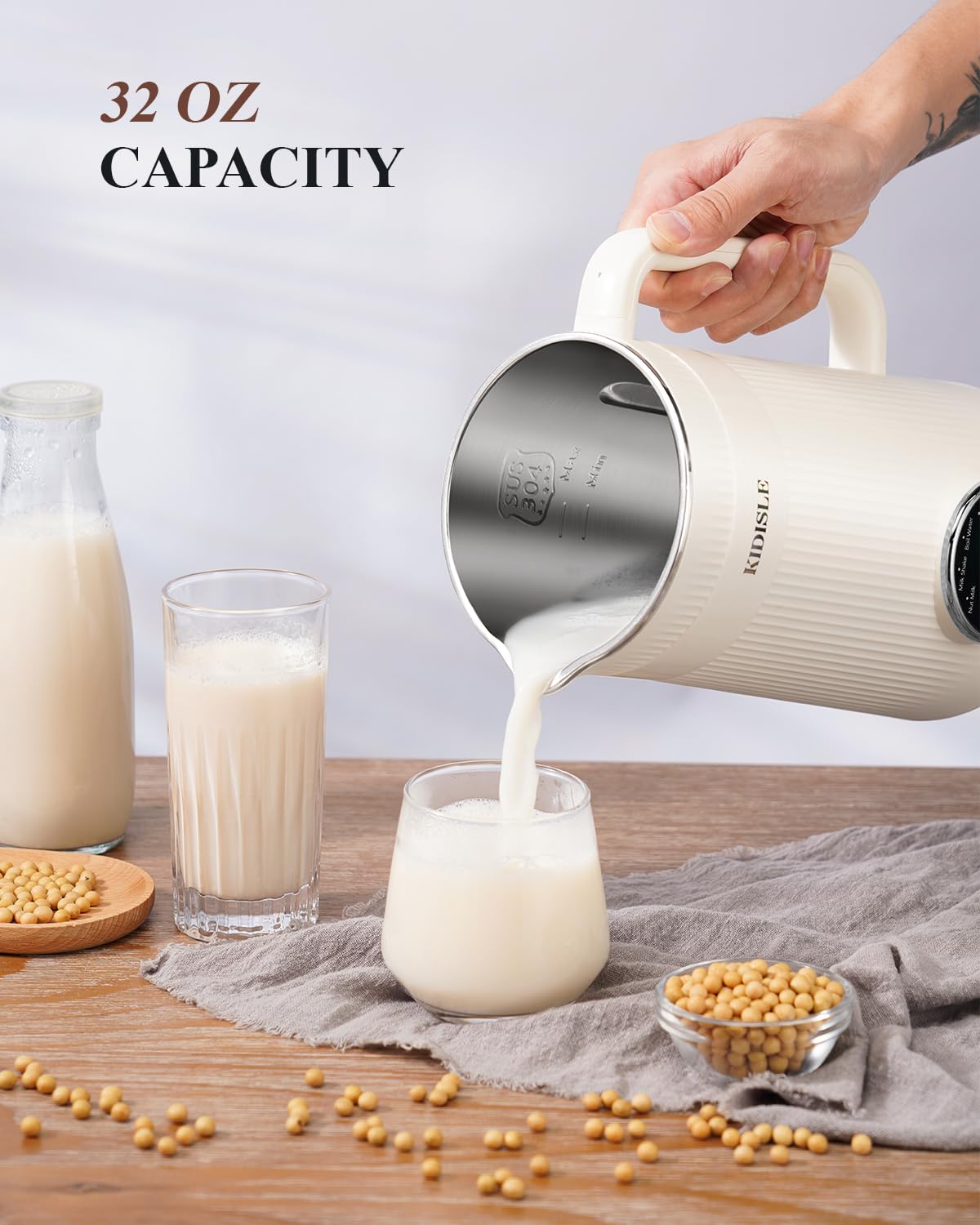 KIDISLE 8 in 1 Nut Milk Maker Blender, 32oz Homemade Almond, Oat, Coconut, Soy, Plant Based Milks and Non Dairy Beverages, Automatic Soybean Milk Machine with Delay Start/Keep Warm/Boil Water, White