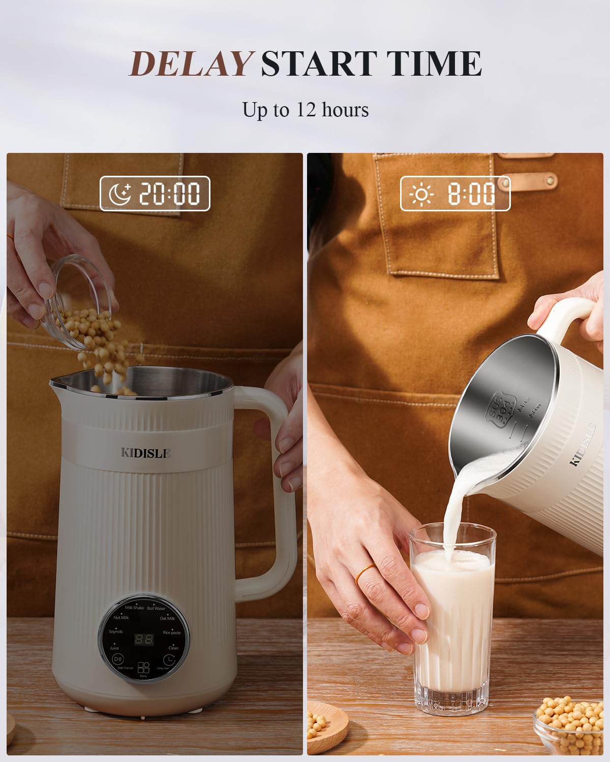 KIDISLE 8 in 1 Nut Milk Maker Blender, 32oz Homemade Almond, Oat, Coconut, Soy, Plant Based Milks and Non Dairy Beverages, Automatic Soybean Milk Machine with Delay Start/Keep Warm/Boil Water, White