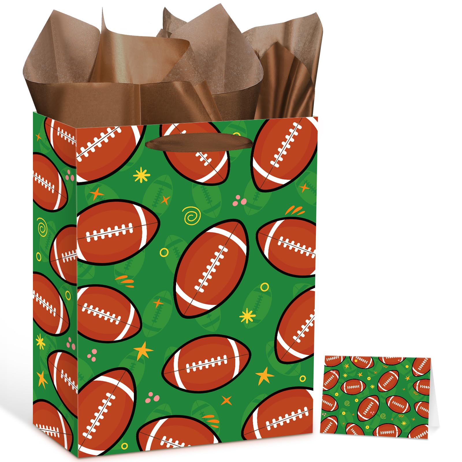 Football Gift Bag with Tissue Paper Set Football Party Gift Wrap Bags and Greeting Card Decorations for Sports Party Favor Football Birthday Goodie Treat Wrapping Bag for Boy Men Team Supplies