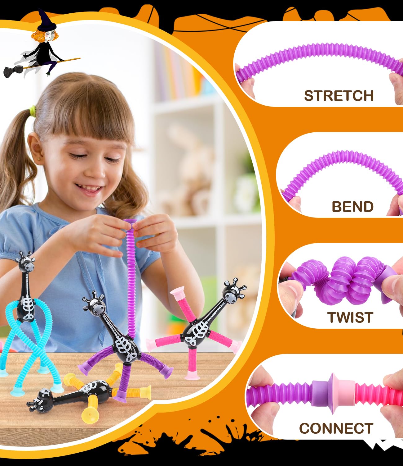 Halloween Party Favors for Kids 4 Pack Telescopic Suction Cup Giraffe Toy Sensory Tubes Classroom Prizes/Non Candy Halloween Treats Goodie Bag Fillers Gifts