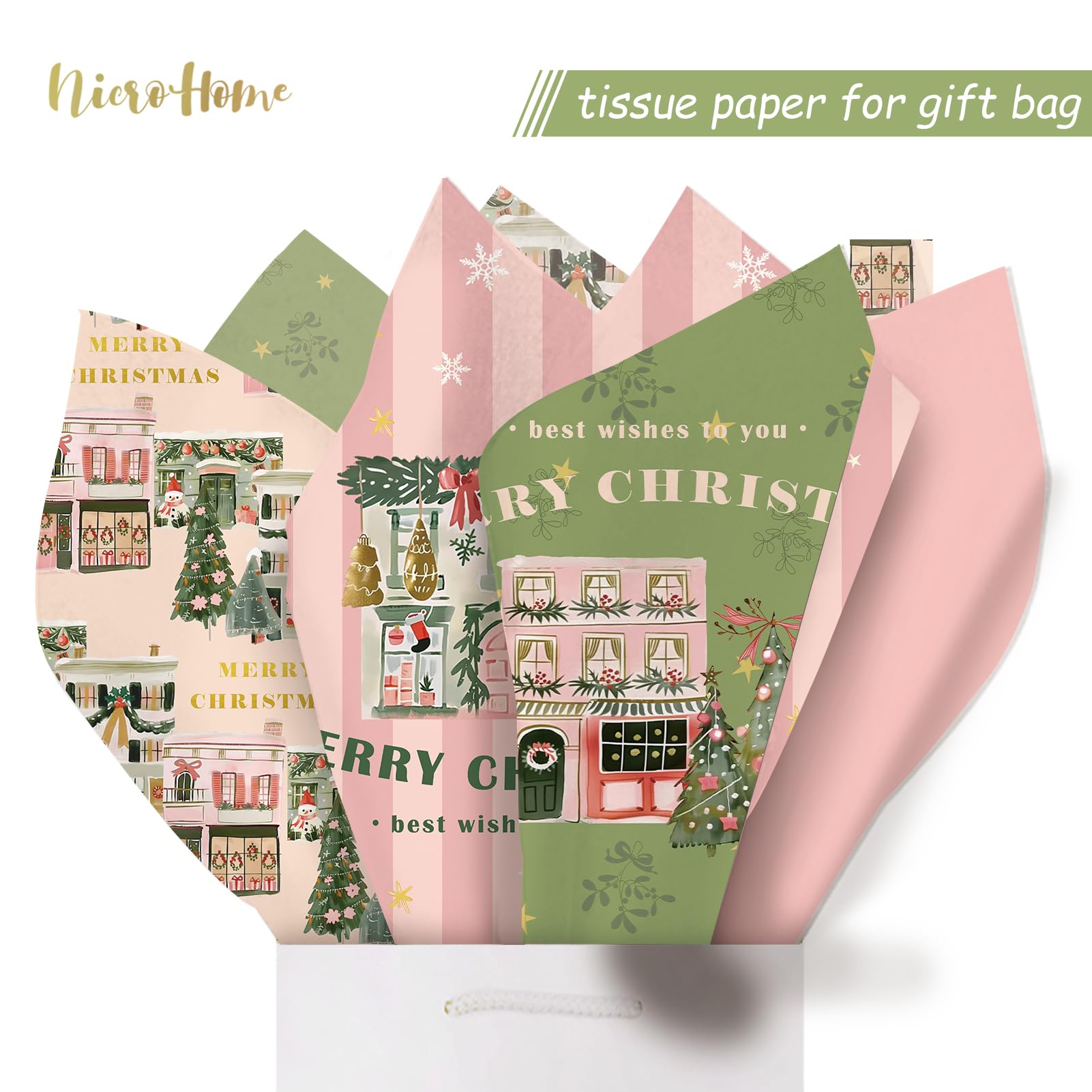 NICROHOME EUR 24 Sheets Christmas Tissue Paper, Sage Green Pink Tissue Wrapping Paper with Christmas Tree House Snowman Socks Pattern, Small Gifts Wrapping Paper for Xmas Crafts Gifts (15 X 20 Inch)