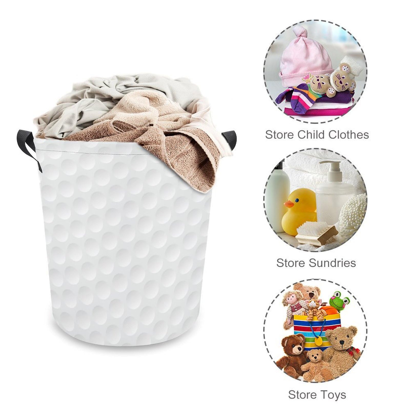 TsyTma Golf Ball Texture Printed Laundry Basket Collapsible Laundry Hamper with Handles Small Round Toy Bin for Dirty Clothes Hamper Bedroom Bathroom