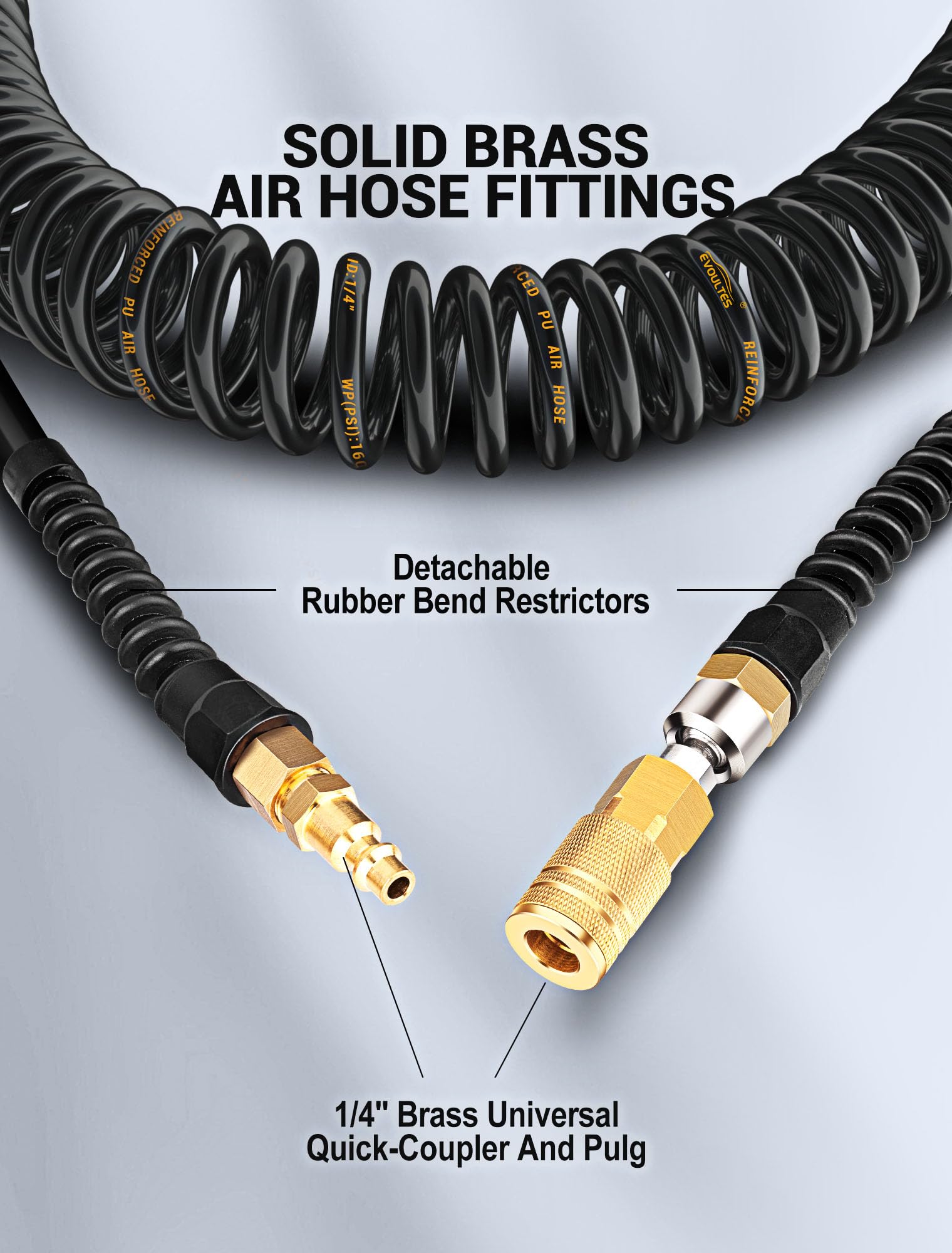 EVOULTES 1/4 In x 28 Ft Polyurethane Recoil Air Hose, Upgraded Air Compressor Hose with Repairable Bend Restrictor, Air Hose kit w/ 360° Swivel 1/4" NPT Coupler & Brass Quick Connect Air Fittings