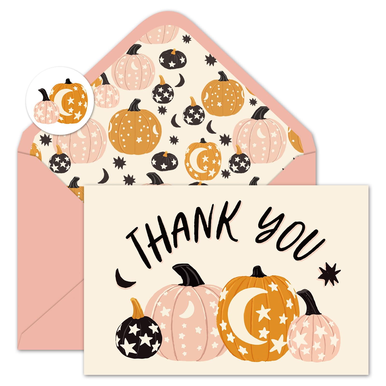 Whaline 24 Pack Fall Thank You Cards Bulk Pink Orange Pumpkin Star Greeting Cards with Envelopes Stickers Blank Note Cards for Autumn Thanksgiving Party, 4 x 6 Inch