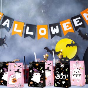 24Pcs Halloween Paper Treat Bags Pink Black Boo Ghost Pumpkin Candy Goodie Bags with Stickers for Halloween Trick or Treat Party Favors Baby Shower Supplies