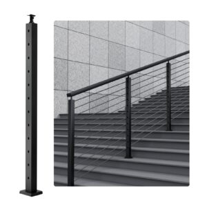 vevor cable support post, 42" height, 2" width, steel with 30° angled holes for stairs, 12 holes pre-drilled, made of sus304 stainless steel, includes horizontal/curved bracket, single unit, black