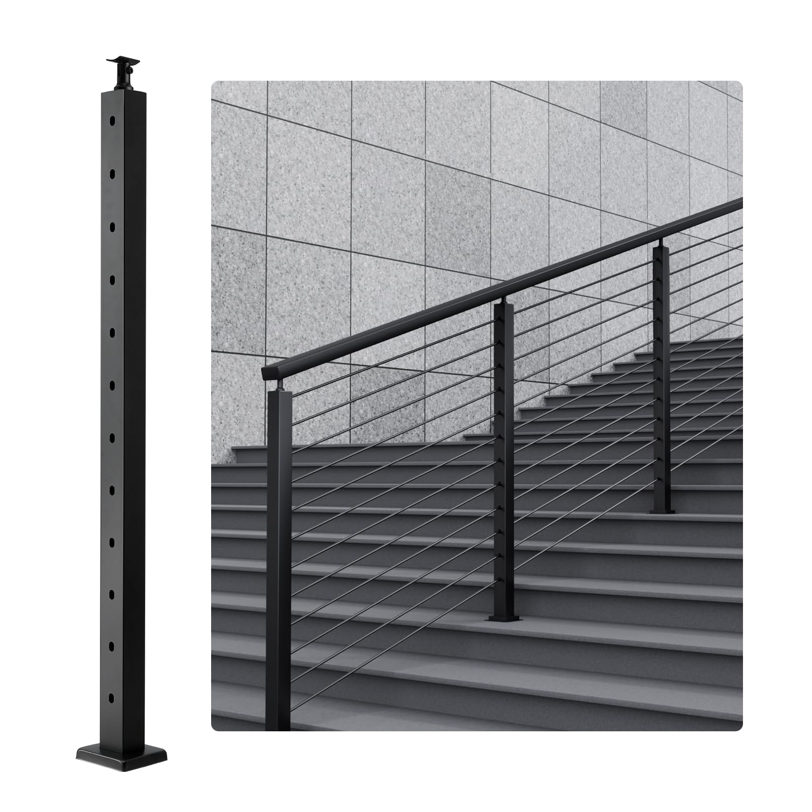 VEVOR Cable Support Post, 42" Height, 2" Width, Steel with 30° Angled Holes for Stairs, 12 Holes Pre-Drilled, Made of SUS304 Stainless Steel, Includes Horizontal/Curved Bracket, Single Unit, Black