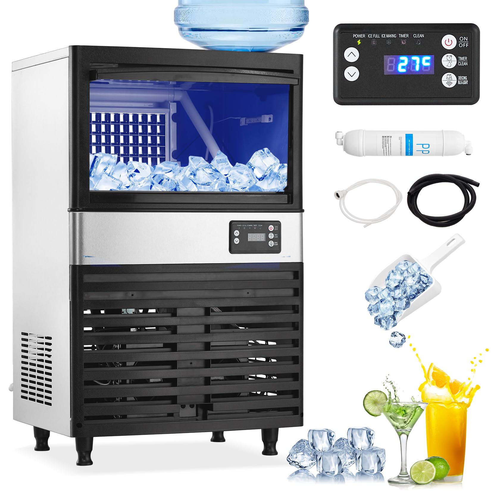 GarveeTech 120Lbs/24H Commercial Ice Maker Machine, 26lbs Storage Bin, 60Pcs Clear Ice Cubes, Stainless Steel Under Counter Freestanding Ice Machine for Home/Party/Bar/Restaurant, 2 Water Inlet Modes