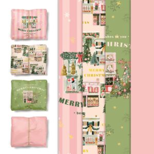 nicrohome eur 24 sheets christmas tissue paper, sage green pink tissue wrapping paper with christmas tree house snowman socks pattern, small gifts wrapping paper for xmas crafts gifts (15 x 20 inch)