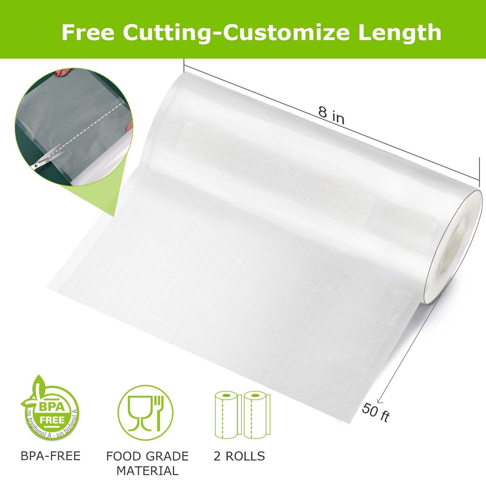 Bonsenkitchen Vacuum Sealer Bags Rolls, 8 in x 50 ft Rolls 2 pack Durable Food Sealer Bags, Commercial Grade, Heavy Duty, BPA Free, Seal a Meal, Great for Food Storage & Sous Vide Cooking, VB23