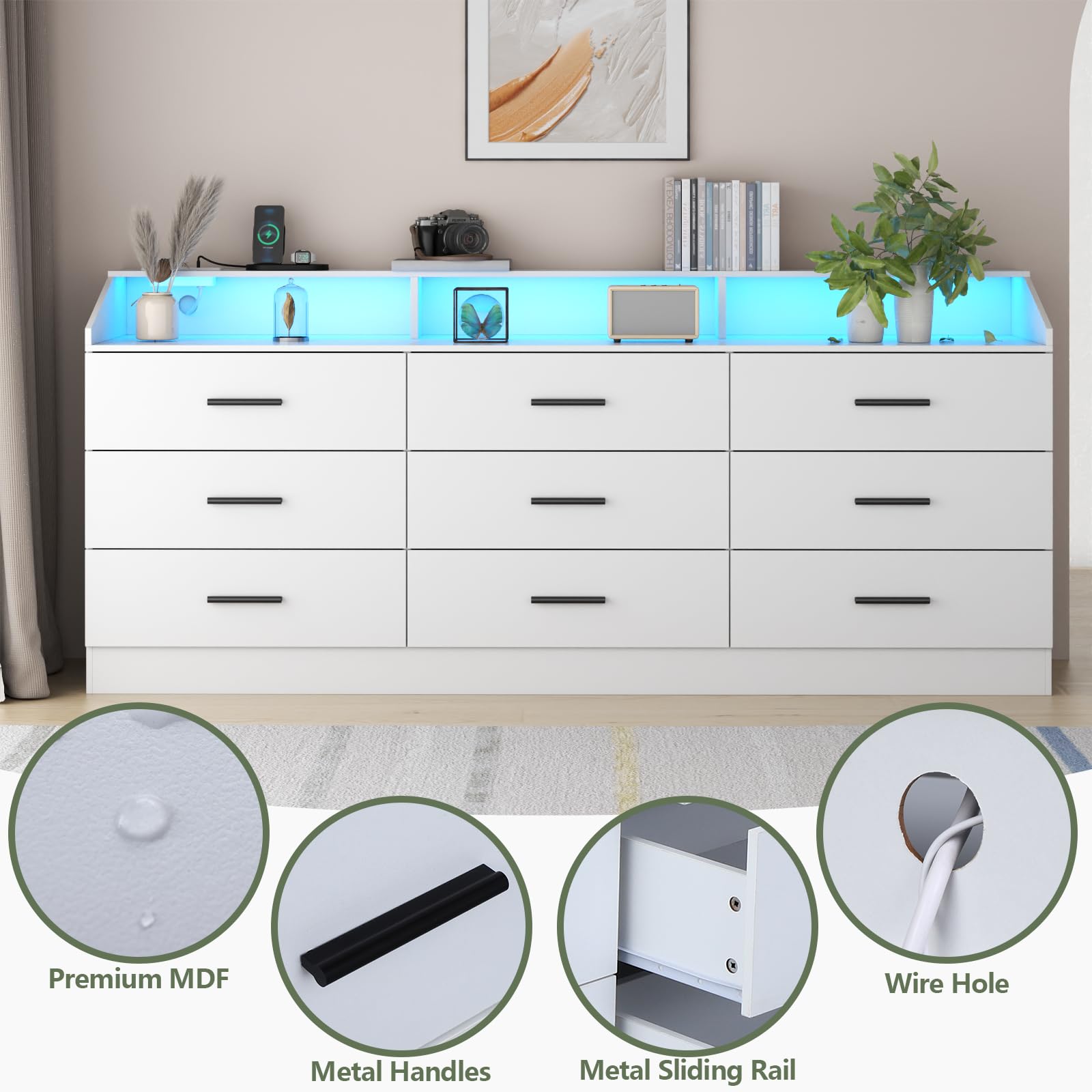 Gyfimoie 9 Drawers Dresser for Bedroom with Power Outlet, Chest of Drawers with LED Light, Modern Dresser with Open Storage Cubby, Triple Wide Dresser Organizer for Living Room (White)