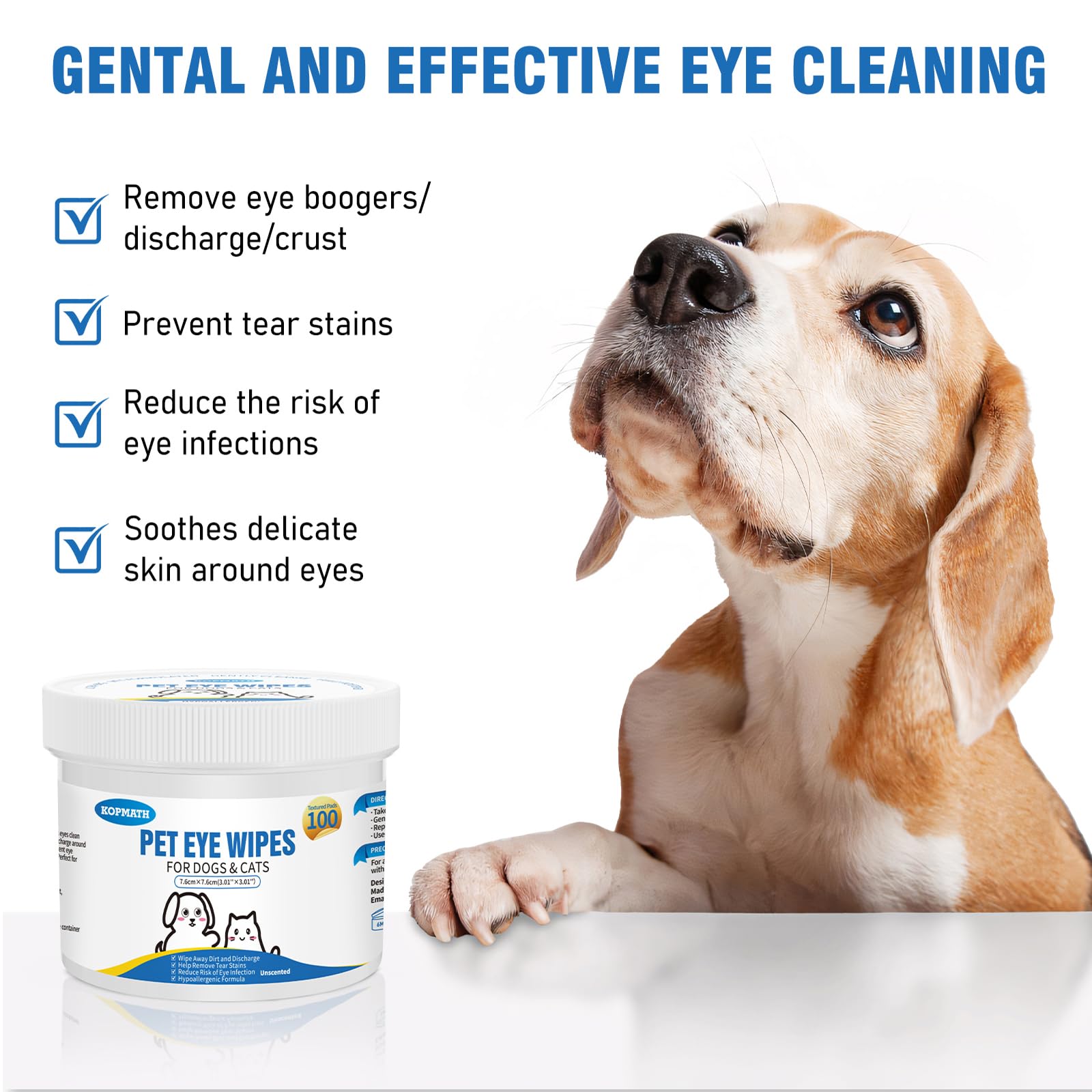 Kopmath Ear Care Finger Wipes and Dog Eye Wipes, Tear Stain Remover for Dogs, Big & Thick Cat Eye Wipes, Mild Ingredient, Texturized & Presoaked Pet Eye Cleaner Pad, Mint Flavor & Unscented，150Ct