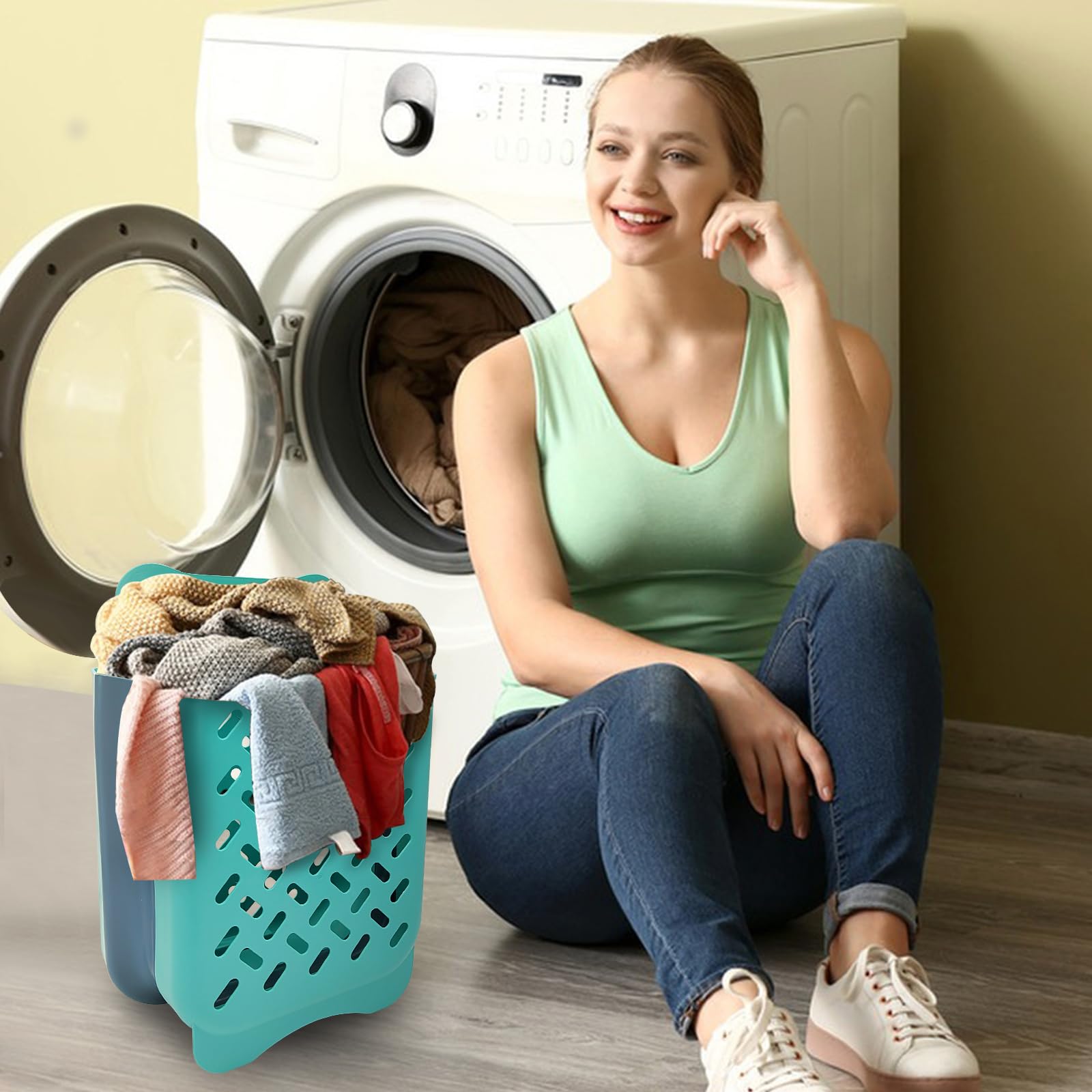 MutiValue Laundry Hamper, Plastic Collapsible Laundry Basket, Portable Wall-Mounted Dirty Clothes Hamper with Hook Space-Saving Foldable Laundry Basket with for Room Storage & Organizing (Blue)