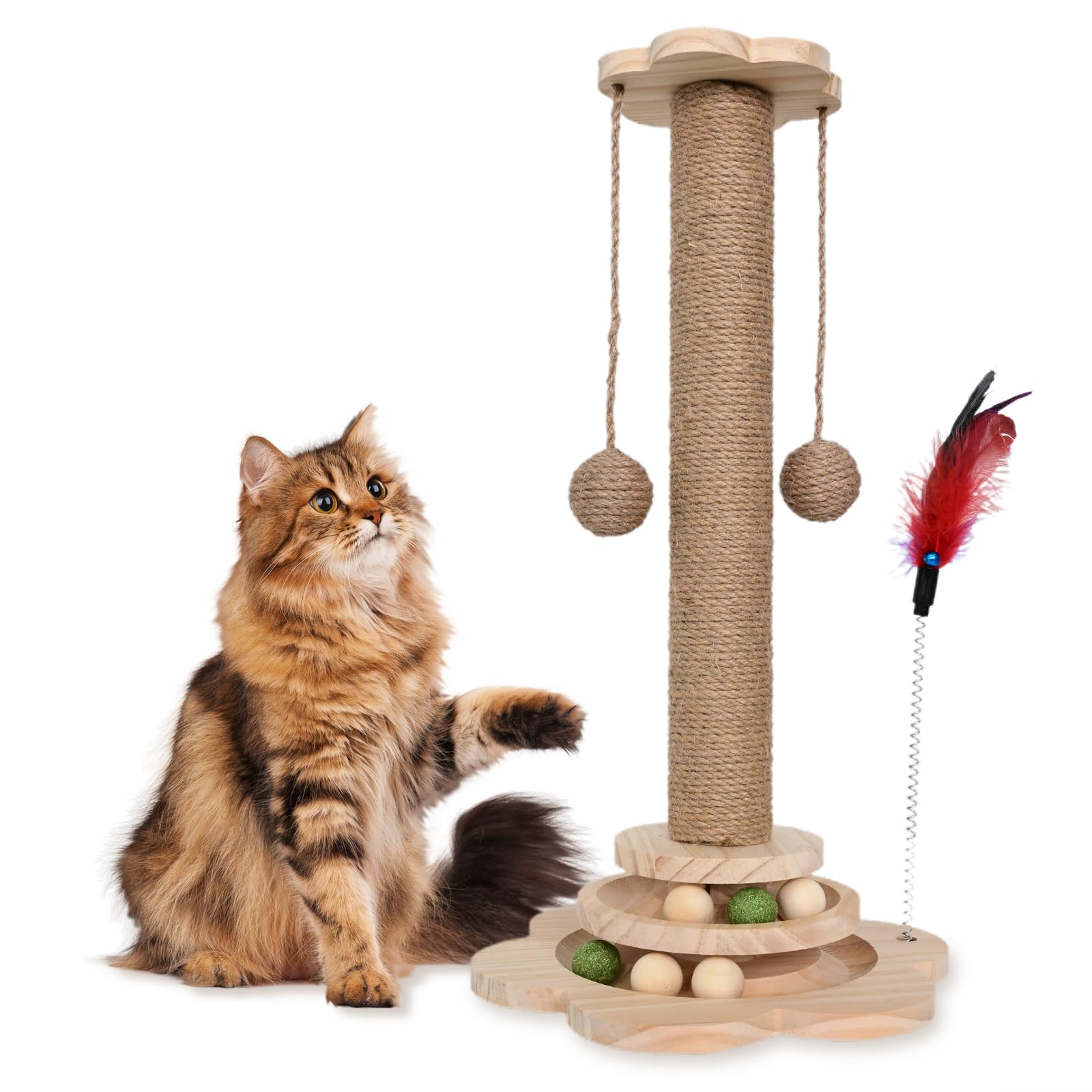 HivaolJoy Kitten Scratching Post - 4 in 1 Cat Scratching Post,19.69" Wooden Cat Scratch Post with 2 Level Cat Sisal Balls Interactive Cat Toy and 2 Sisal Hanging Balls for Indoor Kittens, Adult Cats