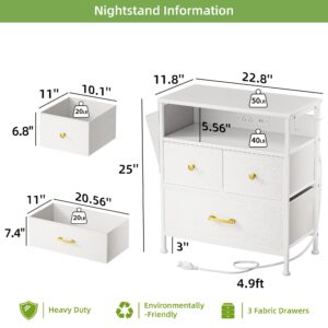 Widened Nightstand with Charging Station and LED Lights, Various Storage Modern Night Stand Bedside Table End Table with 3 Deep Drawers and Shelf, White Dresser for Bedroom (Glacier White)