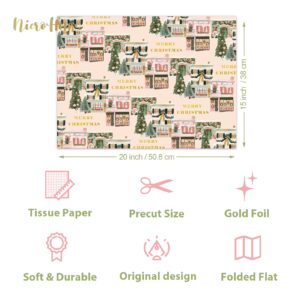 NICROHOME EUR 24 Sheets Christmas Tissue Paper, Sage Green Pink Tissue Wrapping Paper with Christmas Tree House Snowman Socks Pattern, Small Gifts Wrapping Paper for Xmas Crafts Gifts (15 X 20 Inch)