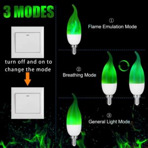 OHLGT E12 Flame Bulbs, 3 Mode LED Candelabra 2.0 Watt Green Chandelier Candle Light Bulbs, Flame Tip for Christmas Party Decorations（2 Packs）